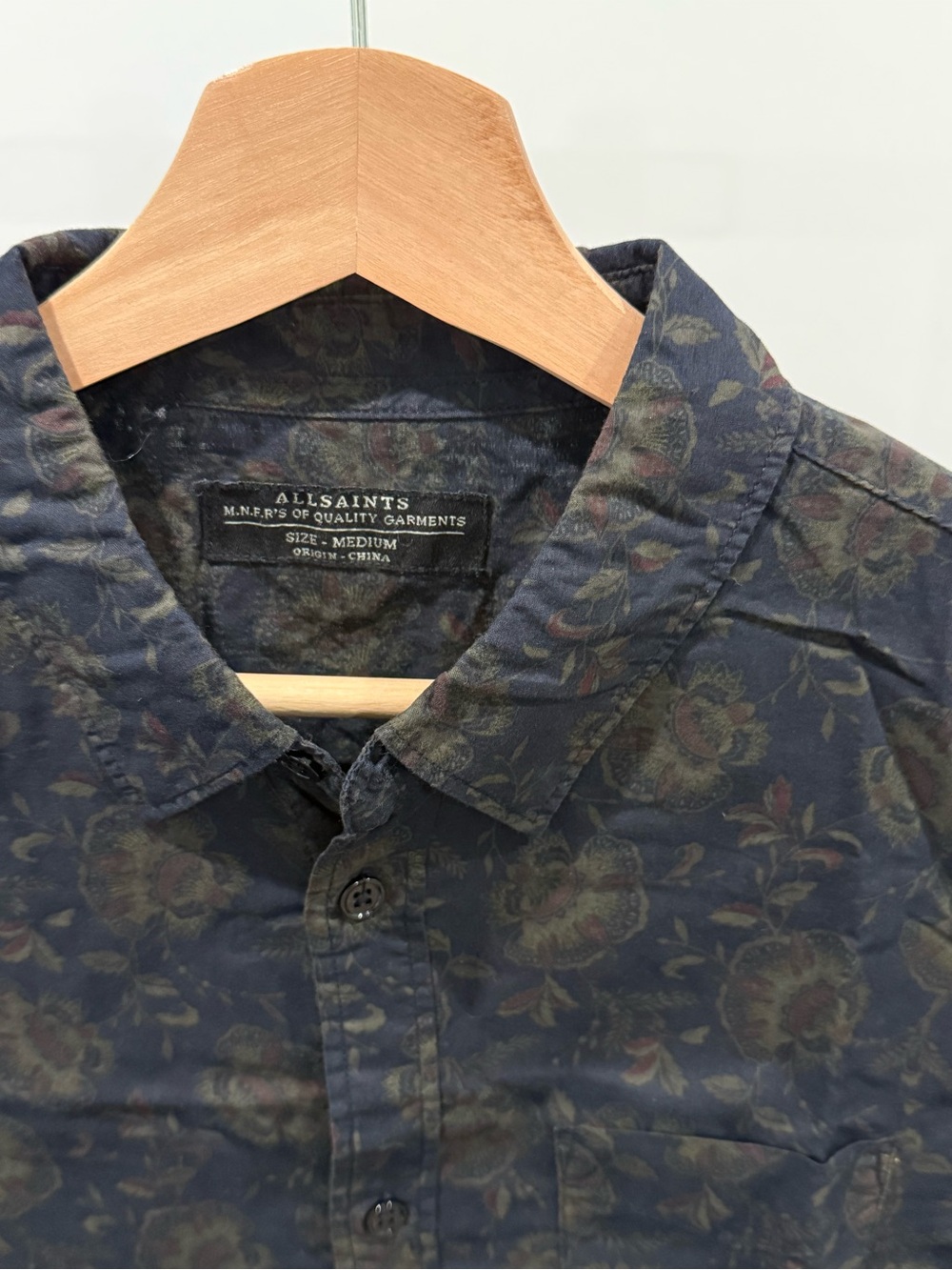 All Saints Navy Floral Button-Down Shirt with Olive and Rust Accents